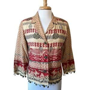 Vintage Nancy Bolen Boho Gypsy Desert Dreamer Coin Fringe Silk Jacket/Top size S